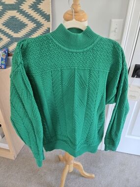 Vintage Green Cable Mock Funnel Neck Sweater Lizsport Liz Claiborne Size Medium